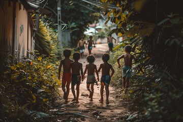 Wall Mural - Group of kids walking on the path in the jungle. Children and nature concept.