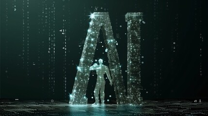 Wall Mural - Silhouetted figure standing in front of large, illuminated 'AI' letters surrounded by digital data streams