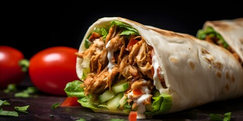 Wall Mural - Intense Close-up of Chicken Shawarma Wrap Packed with Fresh Vegetables and Tahini. Concept Food Photography, Chicken Shawarma, Fresh Ingredients, Close-up Shot, Tahini Sauce
