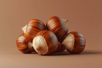 Wall Mural - Whole Hazelnuts Piled on a Brown Background, Showcasing Natural Texture and Freshness