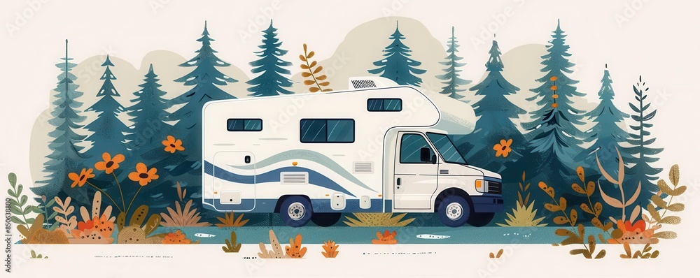 RV in forest flat design side view nature exploration watercolor ...