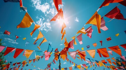 A festive scene at a summer music festival featuring an assortment of colorful flags and handmade banners, creating a dynamic and inviting atmosphere under a sunny blue sky.