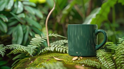 A forest green coffee cup mock-up on a moss-covered surface in a garden setting, surrounded by green leaves and ferns, blending into the natural environment.