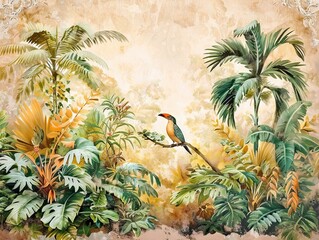 Wall Mural - Modern wallpaper. Watercolor jungle illustration. Crane bird elements, watercolor painting wallpaper. Mural wallpaper. AI generated illustration