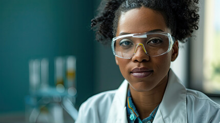 Sticker - black female scientist wearing a white labcoat and goggles 