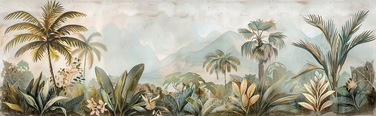 Wall Mural - Tropical forest landscape wallpaper design - Mural wallpaper - 3D illustration. AI generated illustration