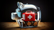 © Alberto Masnovo - Transparent glass piggy bank with coins and a small red first aid kit inside on a wooden desk against a black background with copy space. Healthcare and medical investment concept. Generative Ai.