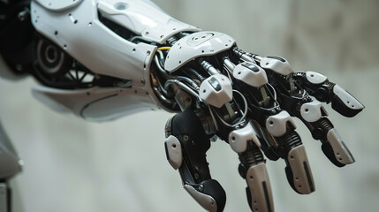 A robotic hand with a black and white design. The hand is made of metal and has a futuristic look to it