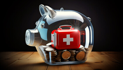 Transparent glass piggy bank with coins and a small red first aid kit inside on a wooden desk against a black background with copy space. Healthcare and medical investment concept. Generative Ai.