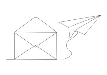 Sticker - Continuous single line sketch drawing of envelope mail with flying paper plane sending letter and email message concept one line art vector illustration