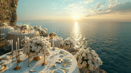 Poster - A luxurious wedding reception setup on a cliffside with elegant white and gold table settings, overlooking a vast ocean under a setting sun.