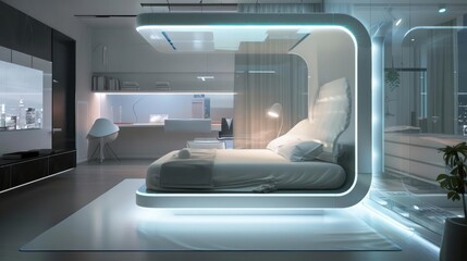 A hightech bedroom with a minimalist bed that monitors sleep patterns and adjusts firmness automatically