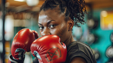 Canvas Print - African American female boxer wearing red boxing gloves 