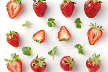 Wall Mural - Fresh Strawberries and Herbs Arranged in a Neat Pattern on a White Background