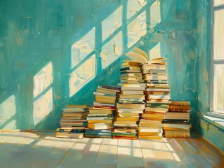 Books stack on wooden floor