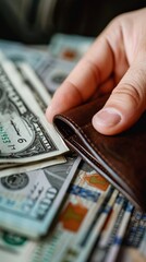 Hand taking money from a wallet, showing cash and dollar bills, representing finance, savings, and expenditure concepts.