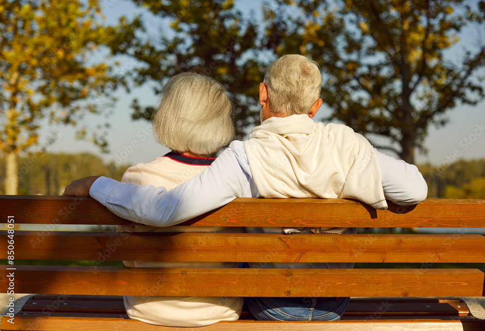 Back view of mature senior couple family sitting on the bench in park ...