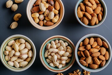 Wall Mural - Variety of Assorted Nuts in Bowls, Including Cashews, Almonds, Walnuts, and Peanuts