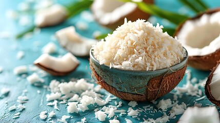 Wall Mural - shredded coconut on a bright cerulean background