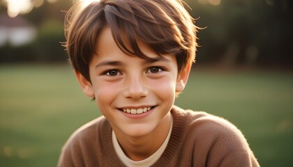 Wall Mural - Young smiling brown haired boy with copy space background header banner design poster