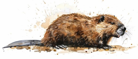 An endearing beaver illustration in watercolor, showing its distinctive tail and teeth on a white background