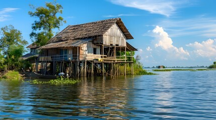 Wall Mural - Stilt house, representing the unique architecture of Southeast Asia. Wooden house elevated on sturdy stilts above the water, as commonly seen in floating villages