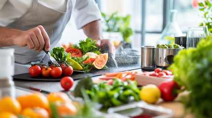 Chef Prepares Fresh Salad Bar for Restaurant Guests