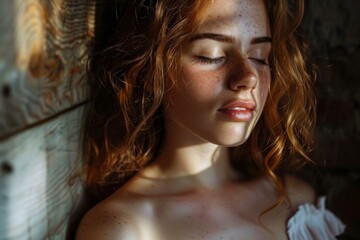 Poster - Young woman basking in the serene beauty of sunlight, exuding calm and relaxation in a peaceful and restful portrait