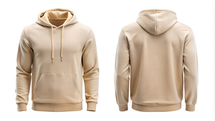 Men's beige blank hoodie template,from two sides, natural shape on invisible mannequin, for your design mockup for print, isolated on white background