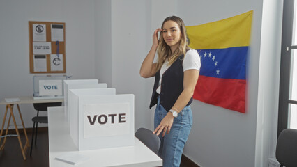 Wall Mural - A young attractive blonde woman stands in an indoor voting room with venezuelan flags, marking her ballot at an electoral college in venezuela.