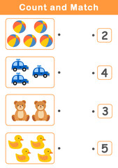 Wall Mural - Counting educational children game. Math kids activity sheet. How many counting game with cute toys illustration.	