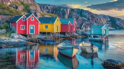Colorful boathouses sit on the shore of the sea, behind rocky mountains