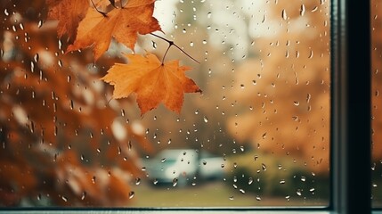 Rainy day with autumn leaves on window glass outdoor. Concept of fall season.