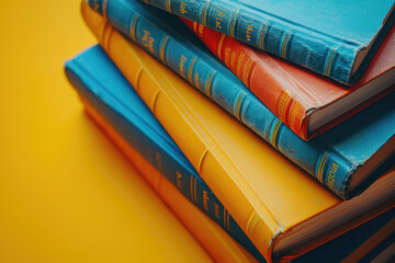 Stack of vintage books on yellow background.