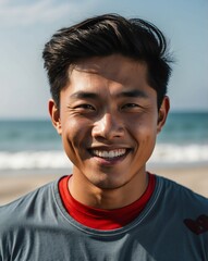 Wall Mural - beach background studio portrait of smiling handsome asian guy model with clear smooth skin and white teeth