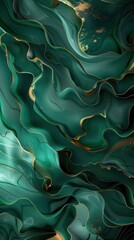 Wall Mural - 3D render of an abstract design featuring swirling waves in jade green and gold, with intricate details on the edges of each wave