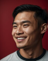 red background studio portrait of smiling handsome asian guy model with clear smooth skin and white teeth