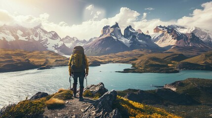 Wall Mural - Man hiking on mountain of Torres Del Paine National Park, Patagonia, South America