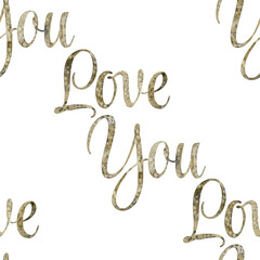 Seamless pattern of Watercolor hand drawn lettering Love You. illustration on white background. Print,  bags, cards, banner, poster, card, design, artistic. Handwritten message, Congratulation, gift