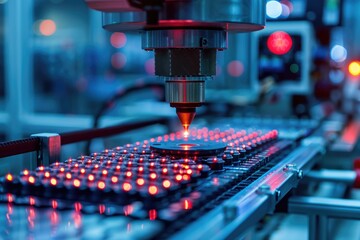 Poster - Robotic manufacturing of semiconductors and computer chips from silicon wafers. Modern technology concept