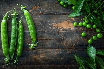 Wall Mural - Fresh green peas on rustic wooden background