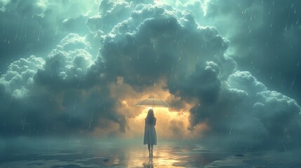 Wall Mural - girl with an umbrella on a background of clouds .Generative AI