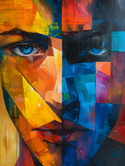 Wall Mural - Vibrant art painting of a mans face with a striking electric blue eye