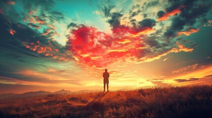 Man praying at sunset Red heart shaped clouds at sunset. Beautiful love background