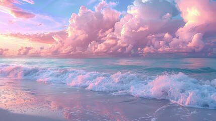 Wall Mural - Soft Pink Waves Breaking Along the Coastline. Pink Beach Background