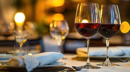 Clear glass of red wine on a dinner table set for two