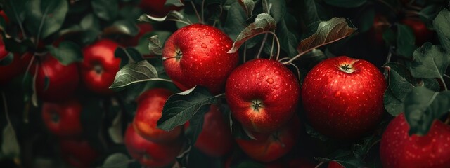 Wall Mural - Ripe red apples in the garden on a tree Leaf dark