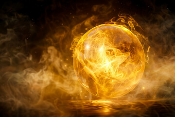 Canvas Print - Fiery golden glowing sphere with plasma energy on dark background with smoke