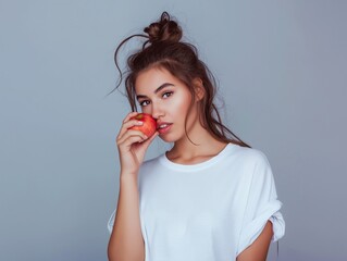 Wall Mural - beautiful young woman in white t-shirt eating a red apple, healthy diet food concept