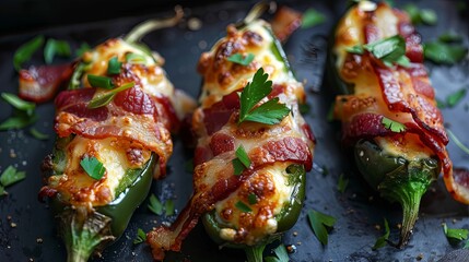 Sticker - poppers stuffed with cream cheese and wrapped in crispy bacon.
